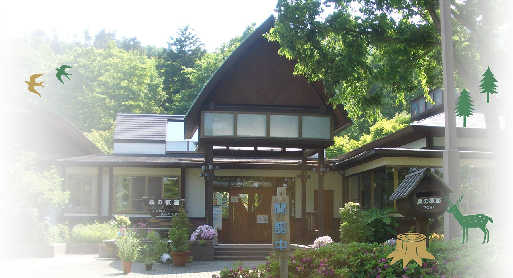 森の教室の外観（木造の建物と森）
